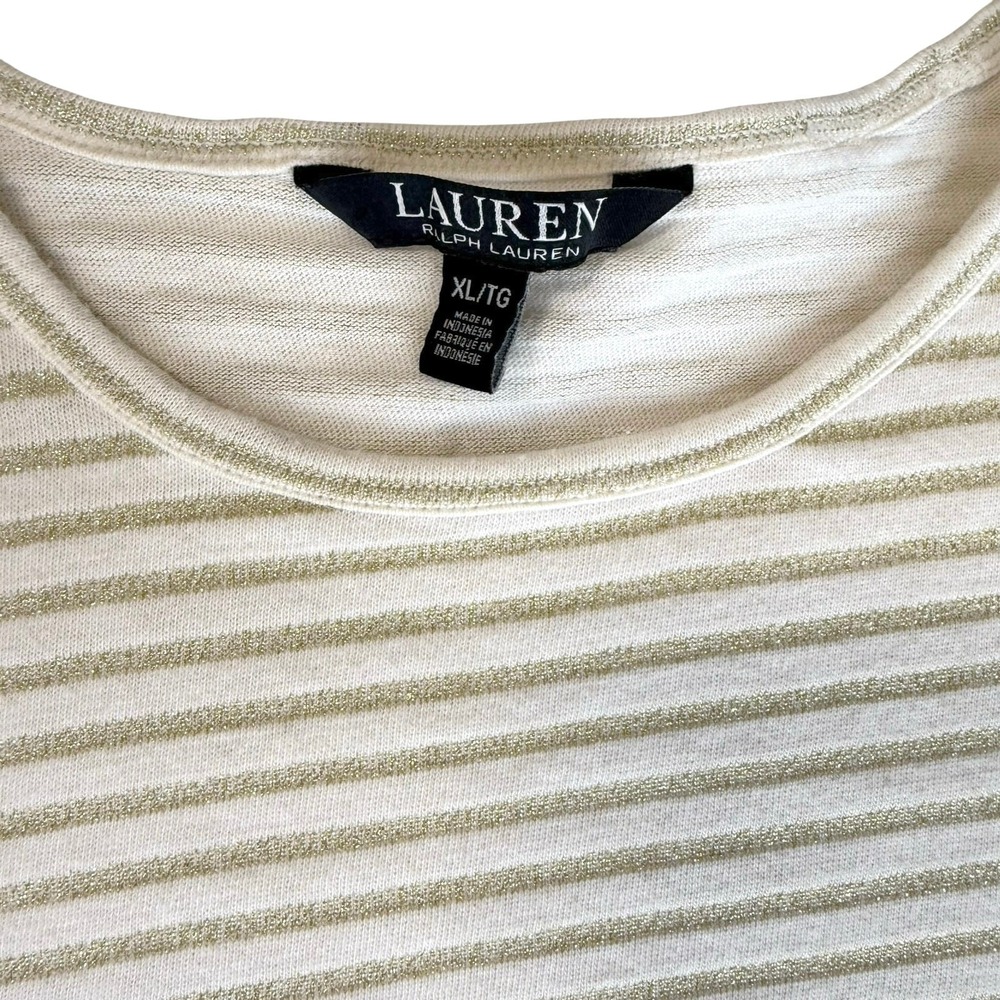 Ralph Lauren White Metallic Gold Top XL Stripe Holiday Quiet Luxury Glam Momcore